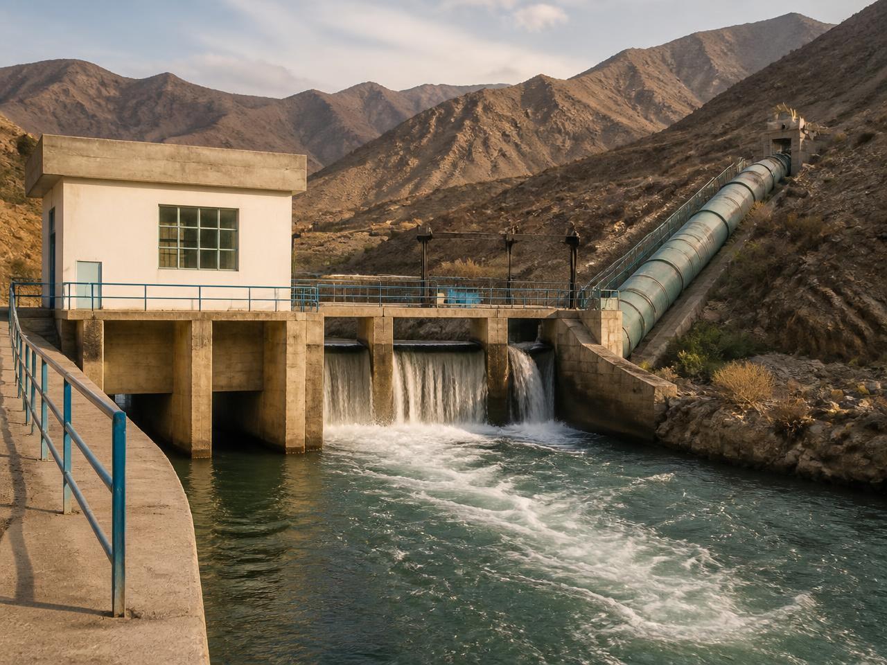 Small run-of-river hydropower station with weir and penstock