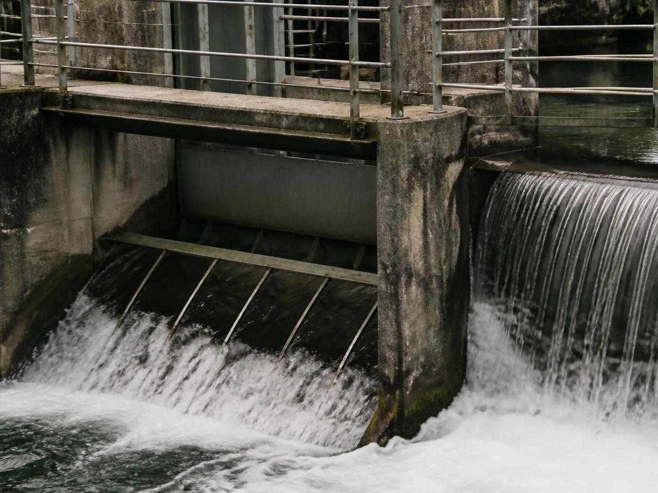 Water flowing over the spillway and cross-flow turbine intake of a small hydropower plant